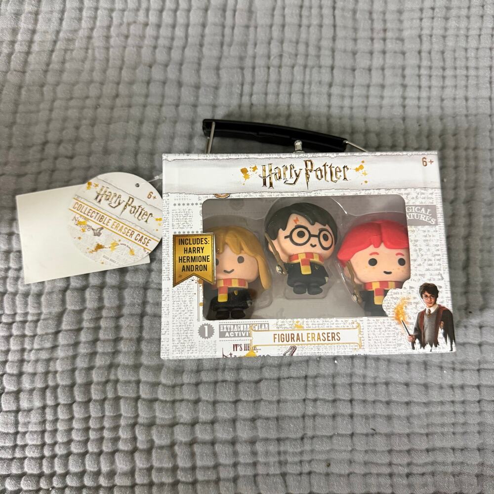 NEW Harry Potter Figural Erasers Hermoine Andron Ron Carrying Case Set
